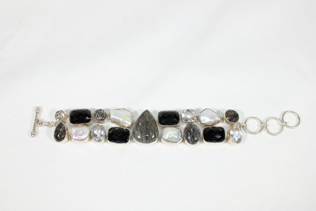 Jasper Druzy and Pearl Sterling Bracelet: measures about 8 1/2 inches long and about 1 1/4 inches wide, with toggle end