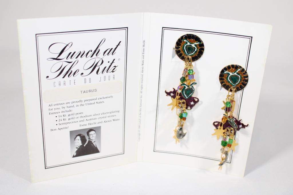 Taurus -Lunch at the Ritz Clip Earrings: with Menu card as pictured