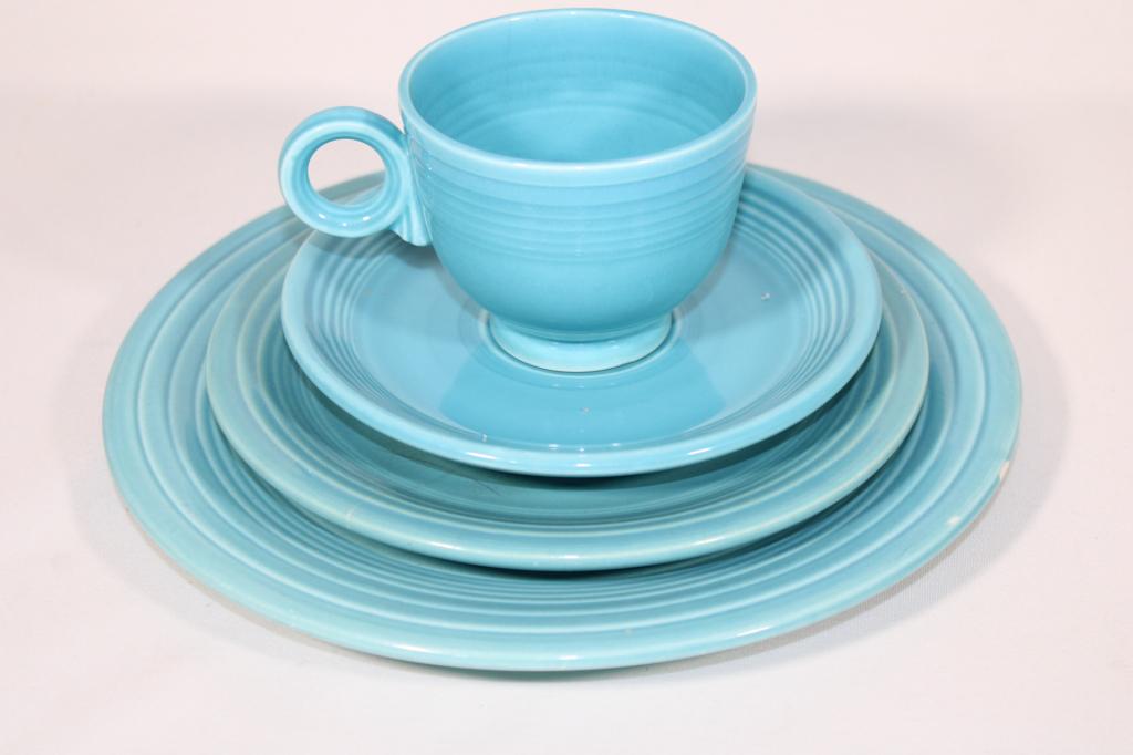 Turquoise Fiestaware Plate/Saucer/Cup/Bread: slight crack in one plate - as pictured