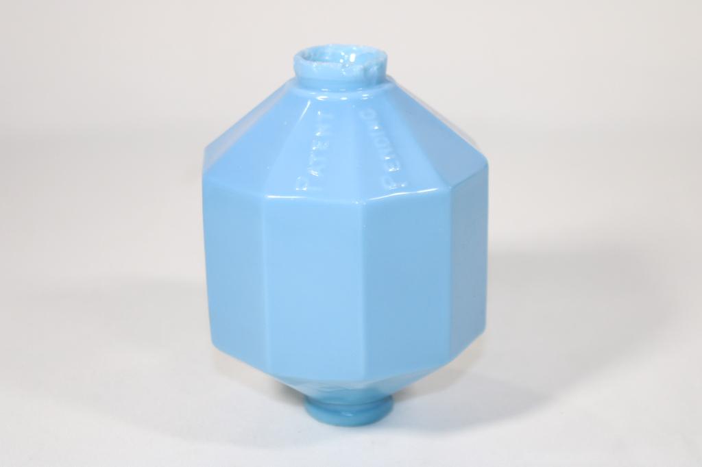 D&S Blue Milk Glass Lightning Rod 10 Sided: 10 sided weather vane ball, measures about 5 inches tall, chips to edge as pictured