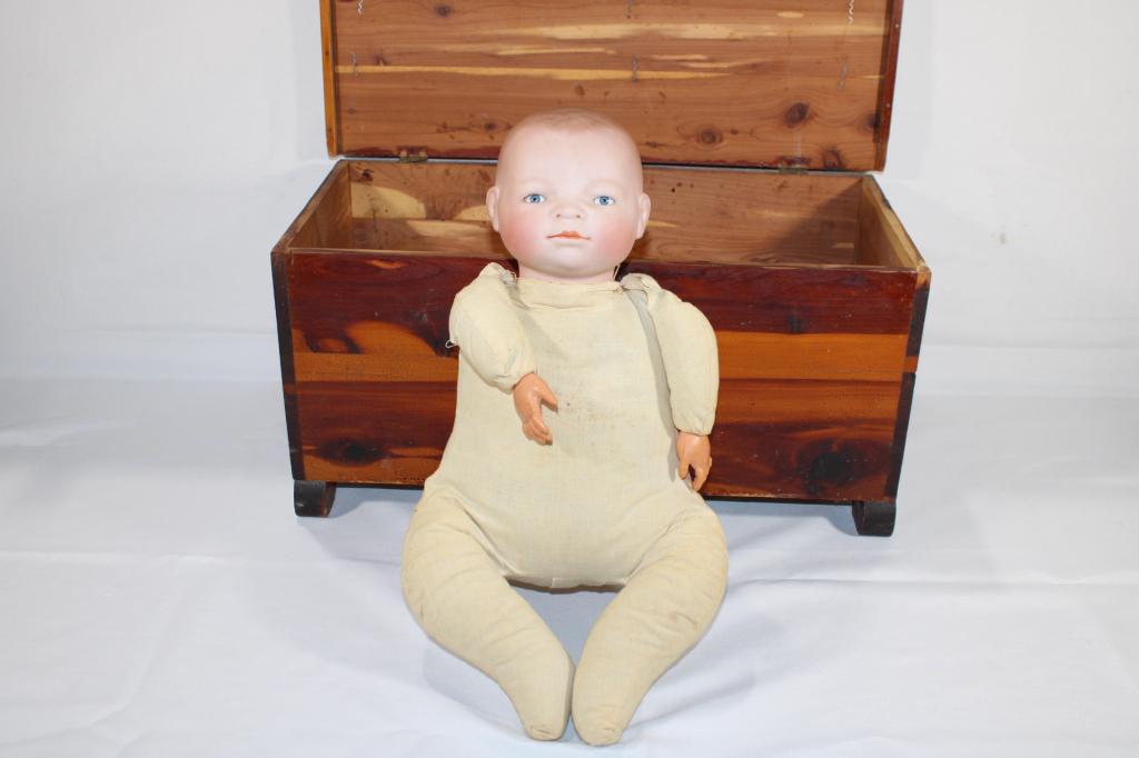 Vintage Bisque Grace S Putnam Bye-Lo Doll: Made in Germany. Includes Small Cedar Chest. Doll measures about 16" tall.