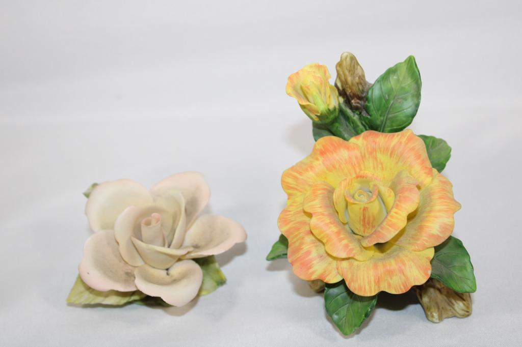 Pair Capodimonte Style Roses- E&R, etc: E&R Golden Crown Rose Sculpture- no visible damage- pink rose Signed 1999 YU- Yellow/Orange Rose- No visible damage.