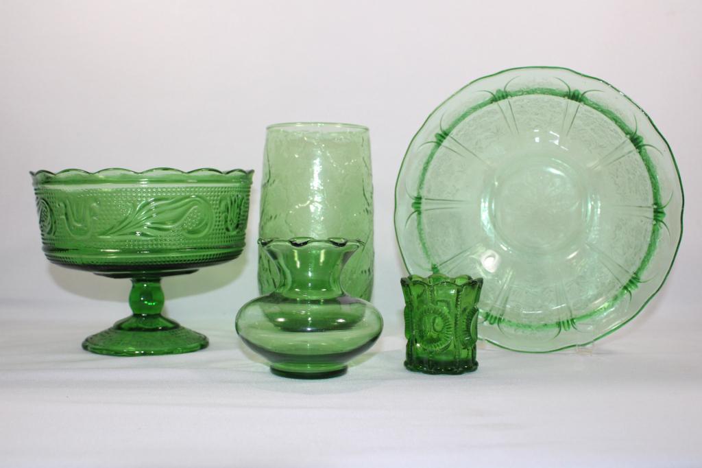 Large Vintage Green Glass Lot- vases, etc (1 of 7)