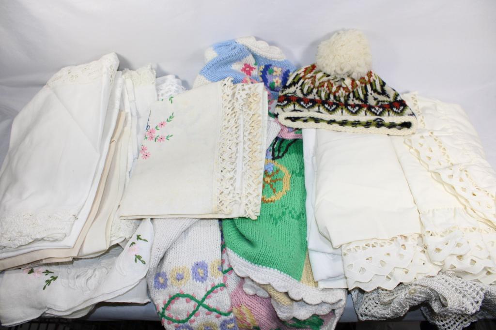 Linen & Clothes Lot- Easter themed: Easter Sweater, Linens and hat. as pictured