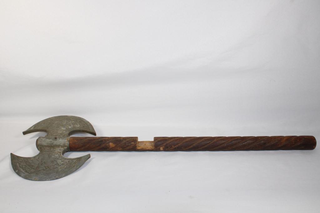 Double Bladed Decorative Axe-Repop: notch cut out of blade- probably for wall mount- reproduction of mideavel battle axe. decorative only Measures approx. 24 inches