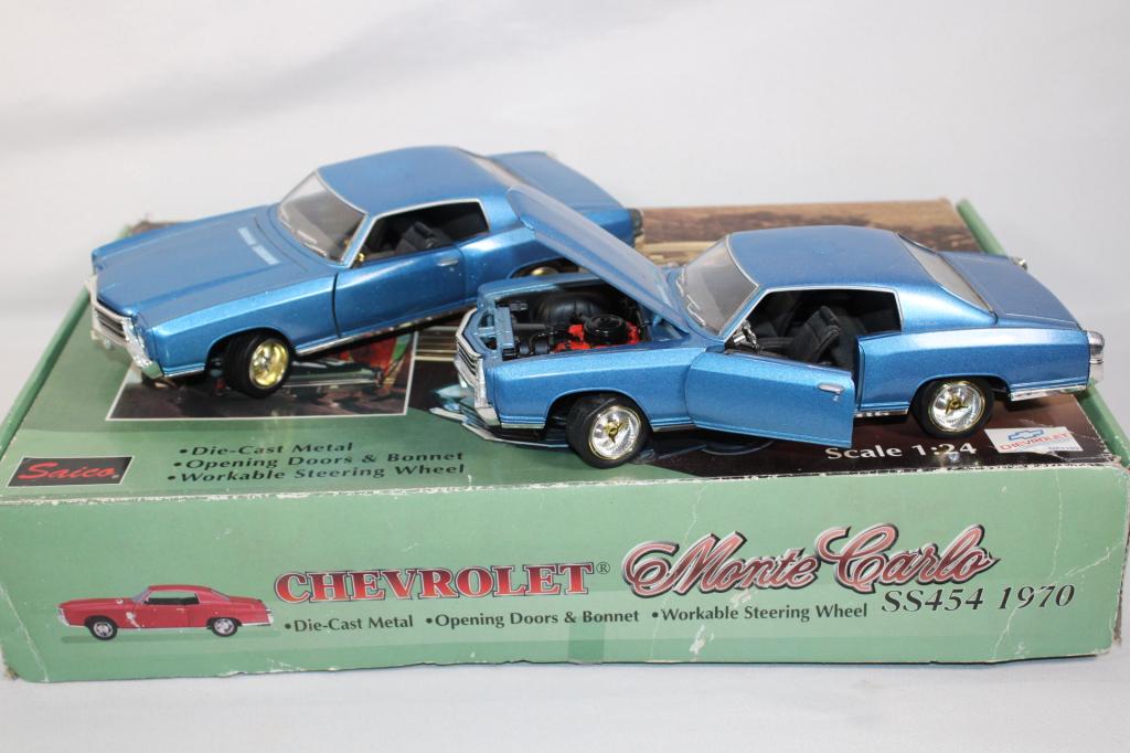 4 Chevy Monte Carlo Die Cast Cars in Box: opening doors and bonnets, workable steering wheels SS454 1970