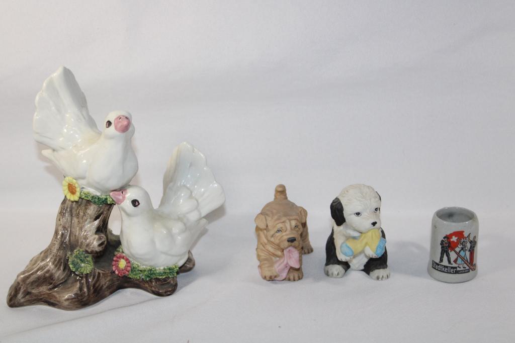 4 Pc. Figurine Lot- Capodimonte Doves, etc: Pair White Doves Figurines Marked Capodimonte- no visible damage Pair of Puppy Pal Figurines- marked 8917 Stadtkeller Mini Beer Stein- Shotglass