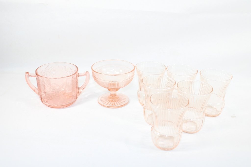Pink Depression Juice Glasses, Sugar & Creamer (1 of 1)