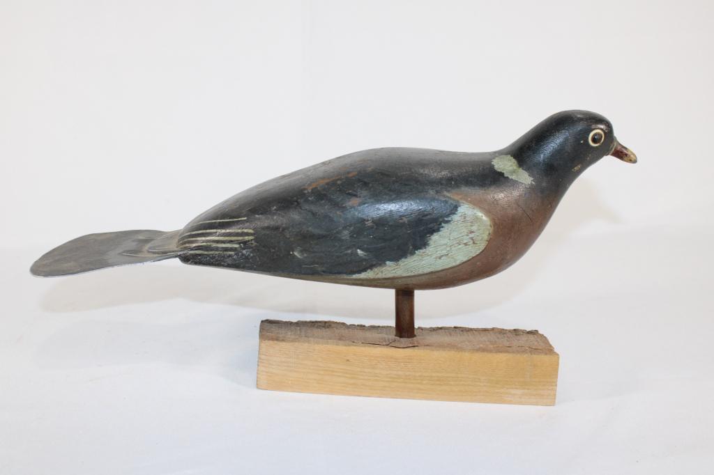 Antique Wood Pigeon Carved Decoy: measures about 7 inches tall by 14 inches long; has a metal tail and flathead screws for eyes