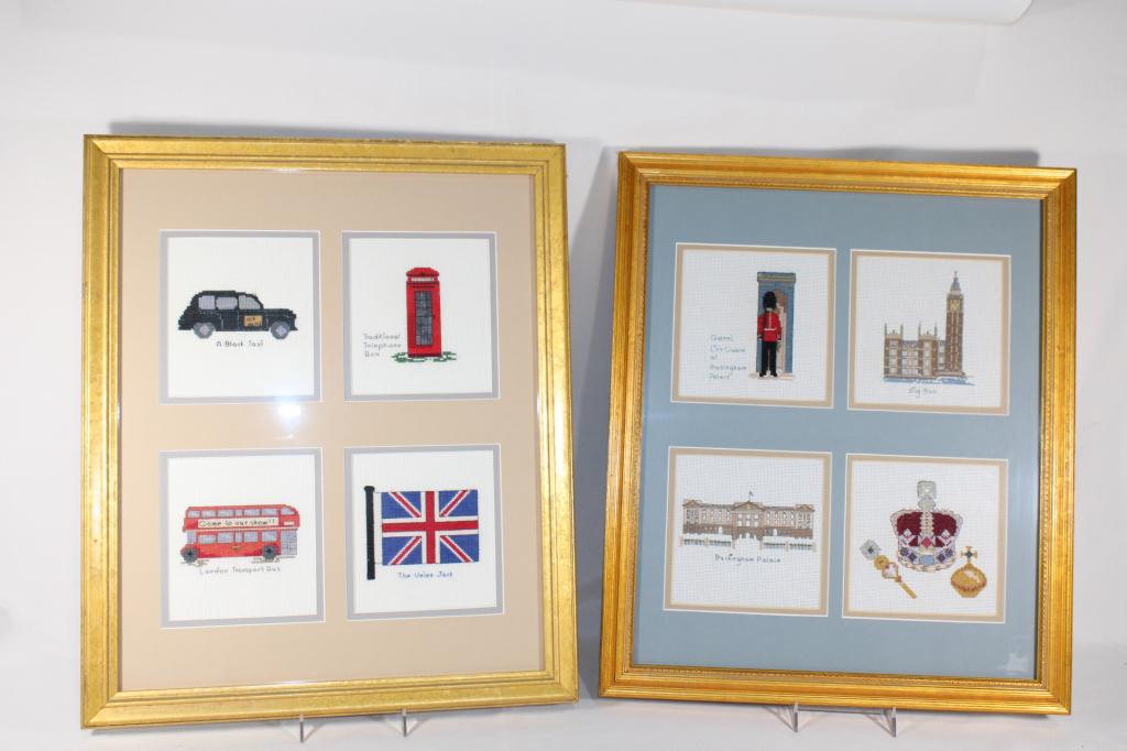 Pair of Framed United Kingdom Cross Stitches: measures about 16 x 18 inches