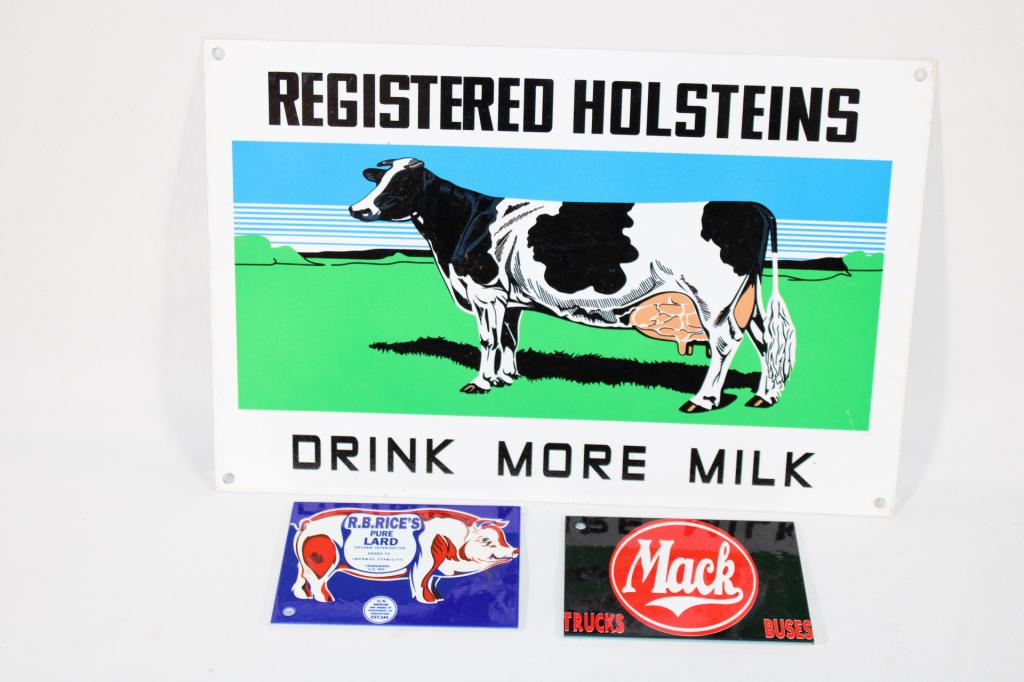 Trio of Enamel Signs - Milk, Mack Trucks, Lard: Milk sign measures about 12 inches by 8 1/4 inches; magnets measures about 4 x 3 inches