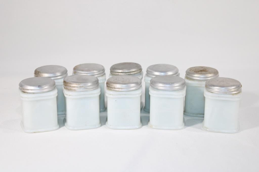 Lot of 10 Vintage Milk Glass Spice Jars -Tin Lids (1 of 2)