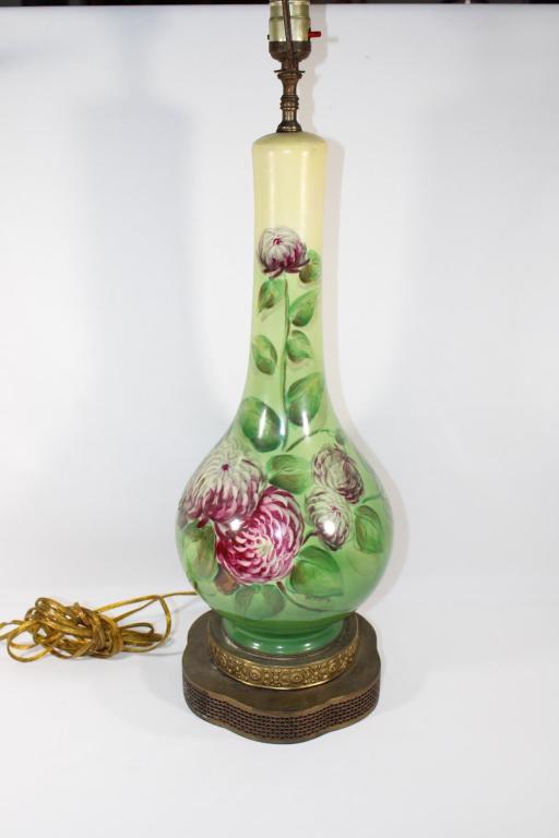 Signed Handpainted Green Floral Table Lamp (1 of 3)