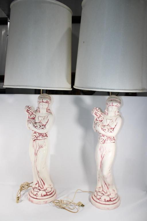 Pair of Ceramic Victorian Lady Holding Grape Lamps: good overall as pictured, measures about 26 inches to top of lady, 45 inches to top of shades_x0013_
