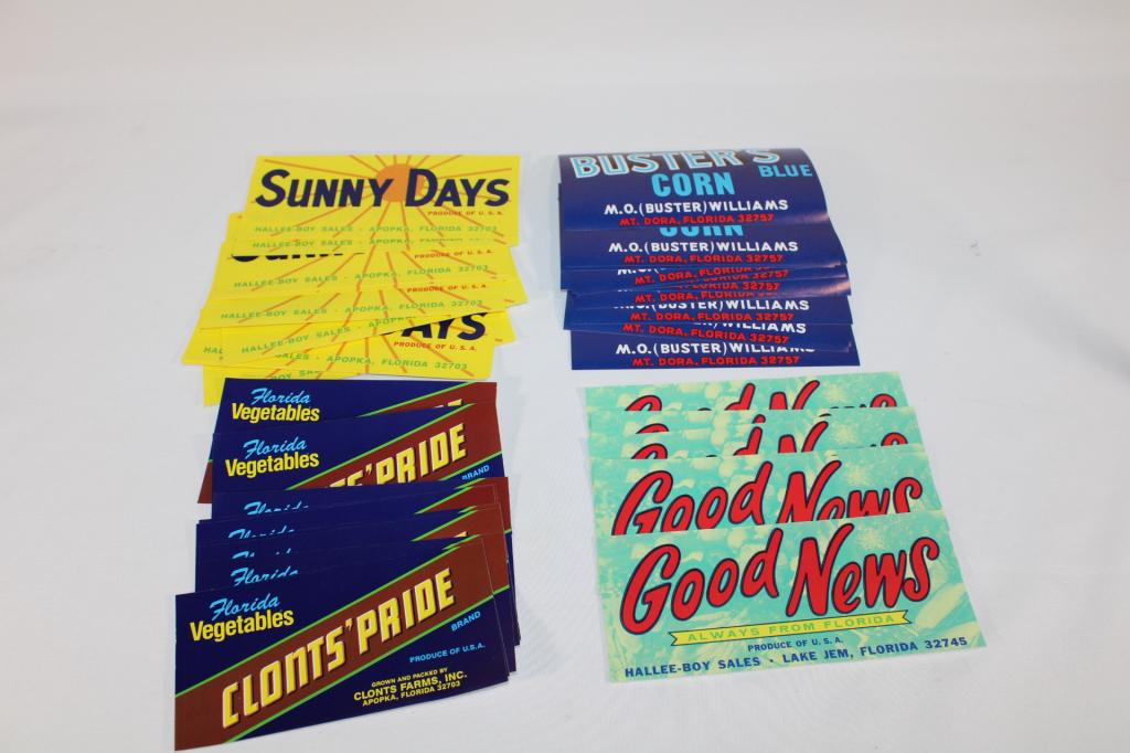 Lot of 40 Fruit Crate Labels, Sunny Days Good News: 10 each of - Sunny Days - Apopka Fl Clont's Prind - Apopka Fl Good News - Lake Jem, Fl Buster's Corn Mt. Dora, FL