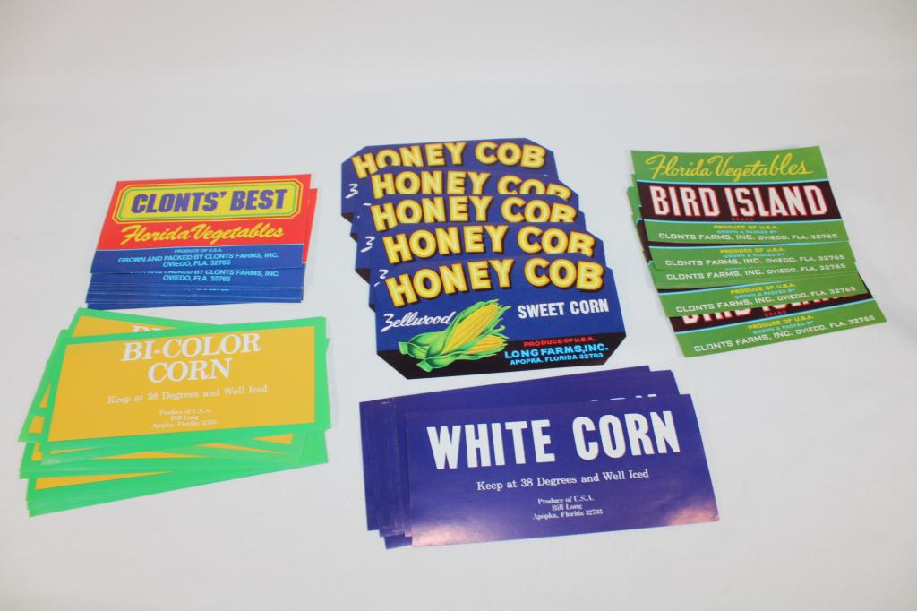 Lot of 45 Fruit Crate Labels Honey Cob, Clont's et: 5 of Honey Cob, Apopka FL 10 - Clonts' Best - Oveido, FL 10 Bi-Color Corn, Apopka, FL 10 White Corn - Apopka, FL
