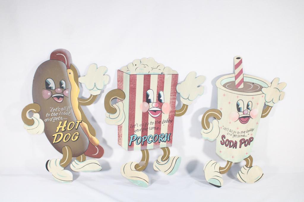 Trio of Metal Movie Theater Lobby Signs: Features - Hot Dog, Pop Corn and Soda; Repop; Measures about 14 1/2 inches tall