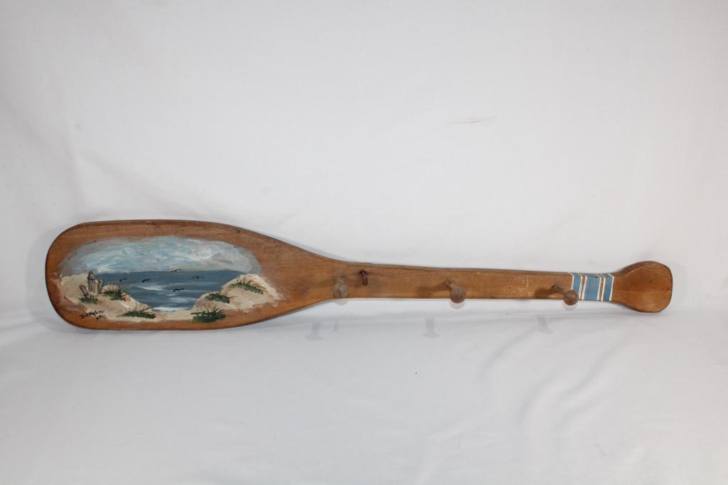 Signed Wooden Painted Paddle Coat Hanger: measures about 31 1/2 inches long; good overall condition as pictured