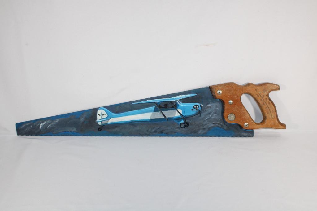 Signed Painted Hand Saw - Blue Bi-Plane (1 of 3)