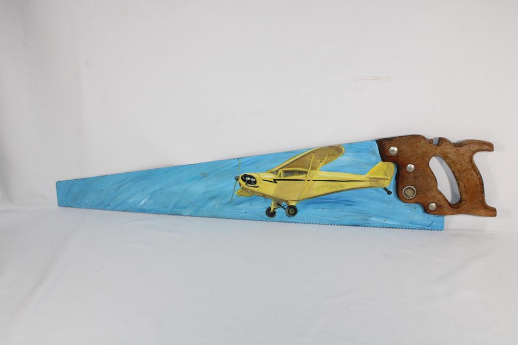 Signed Painted Hand Saw - Yellow Bi-Plane (1 of 3)