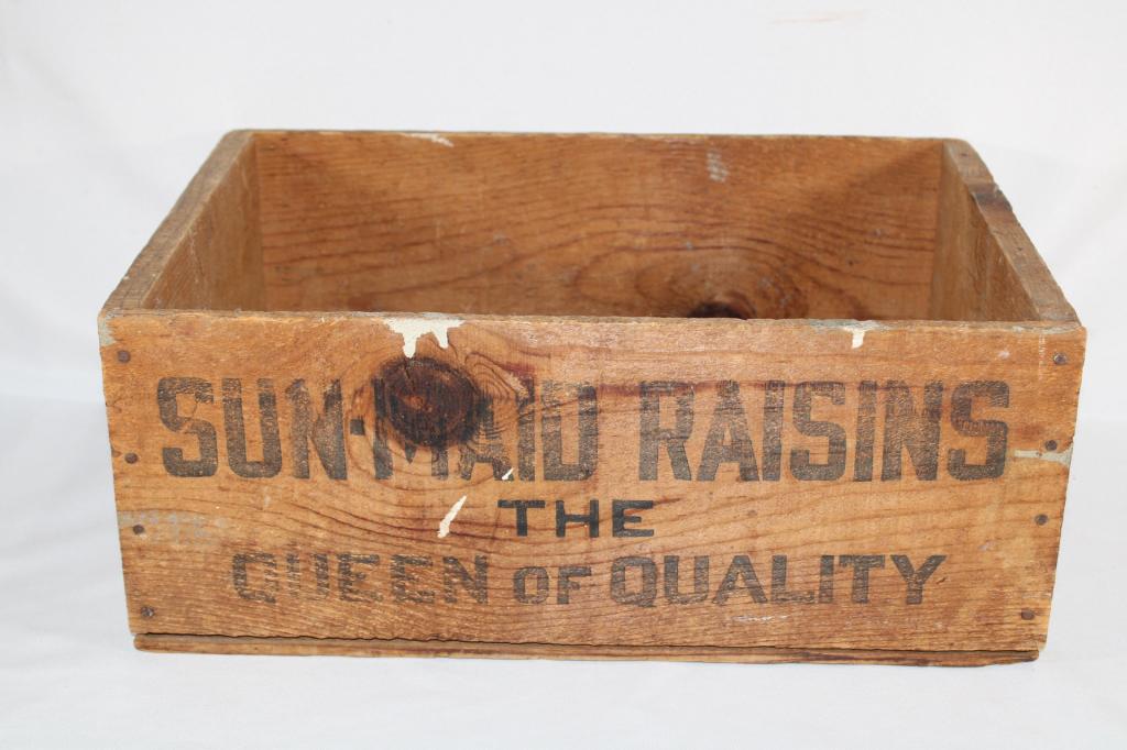 Sun-Maid Raisins Vintage Wood Crate: measures about 17 x 11 1/2 inches by 7 inches; crack on bottom of wood as pictured