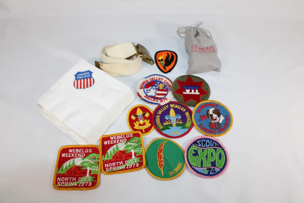 Lot of Boy Scout Patches / Belt/ Train Napkins: good as pictured