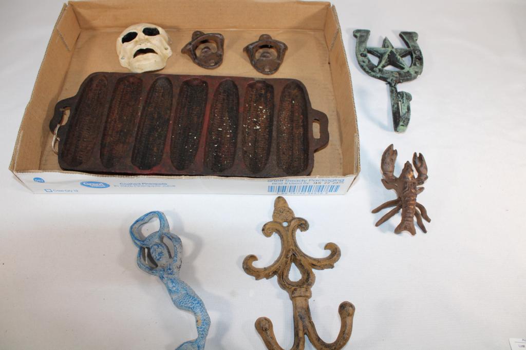 Lot of Cast Iron -Corn Stick, Hooks, Bottle Opener: good overall as pictured