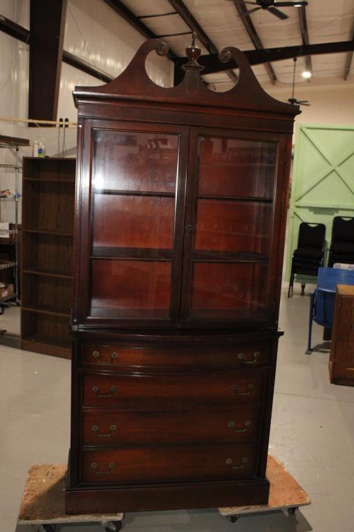 Vintage Mahogany China Cabinet: measures about 81 inches tall to top of finial - by 35 1/4 inches wide by 16 1/2 inches deep
