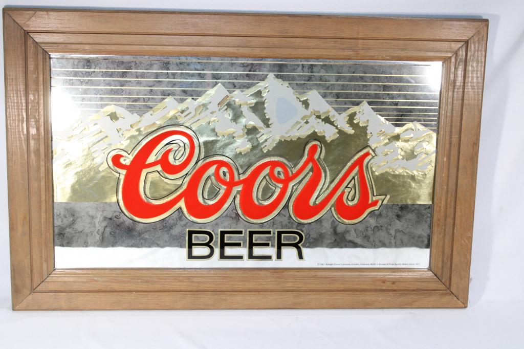 1987 Coors Beer Wood Framed Mirror Advertising: measures about 27 1/2 inches by 17 1/2 inches