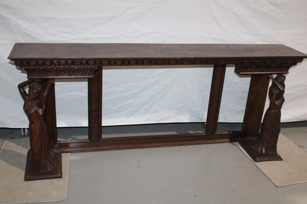 Antique Wood Women Carved Sideboard Topper: measures about 25 inches tall by 61 inches long