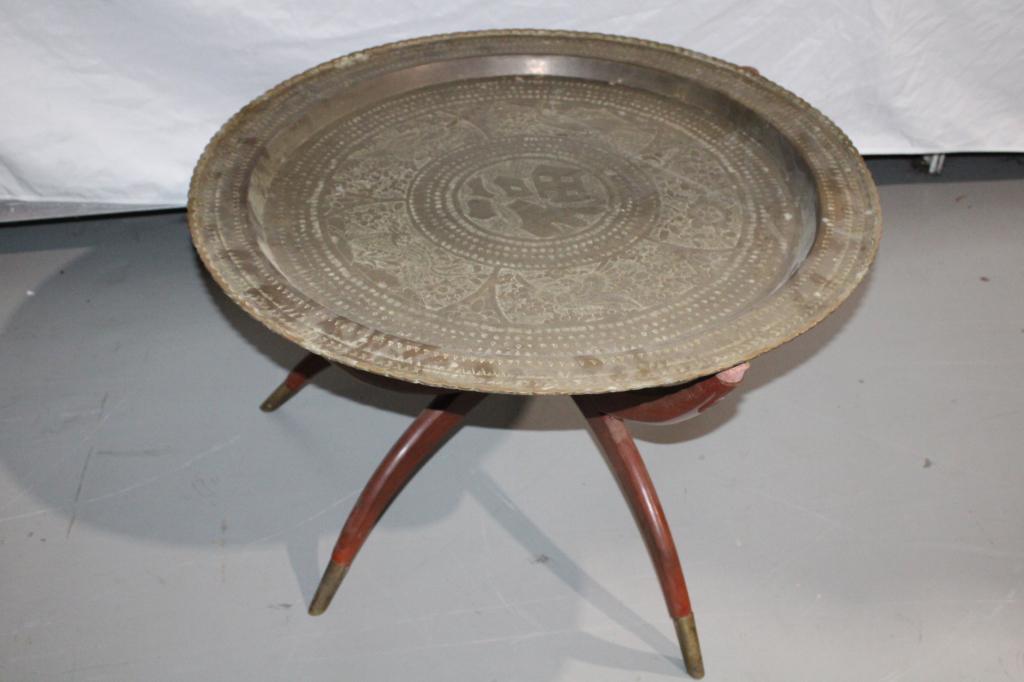 VTG Spider Base Moroccan Tray Top Coffee Table: measures about 30 inches diameter by 17 inches tall; one leg has crack but holds top