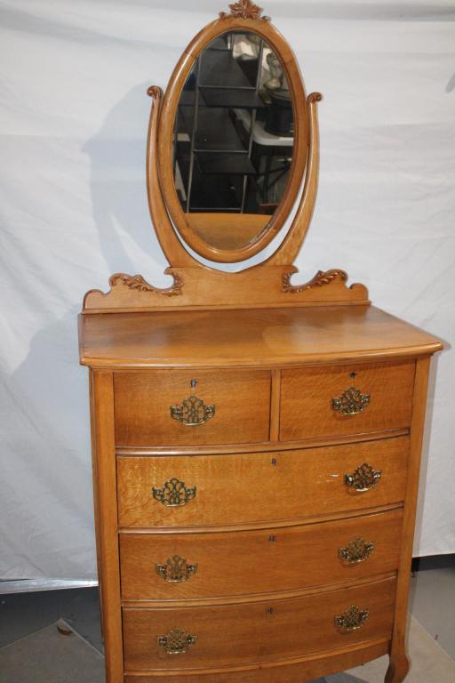 Antique Oak 5 Drawer Dresser and Mirror: measures about 34 inches wide by 74 inches tall