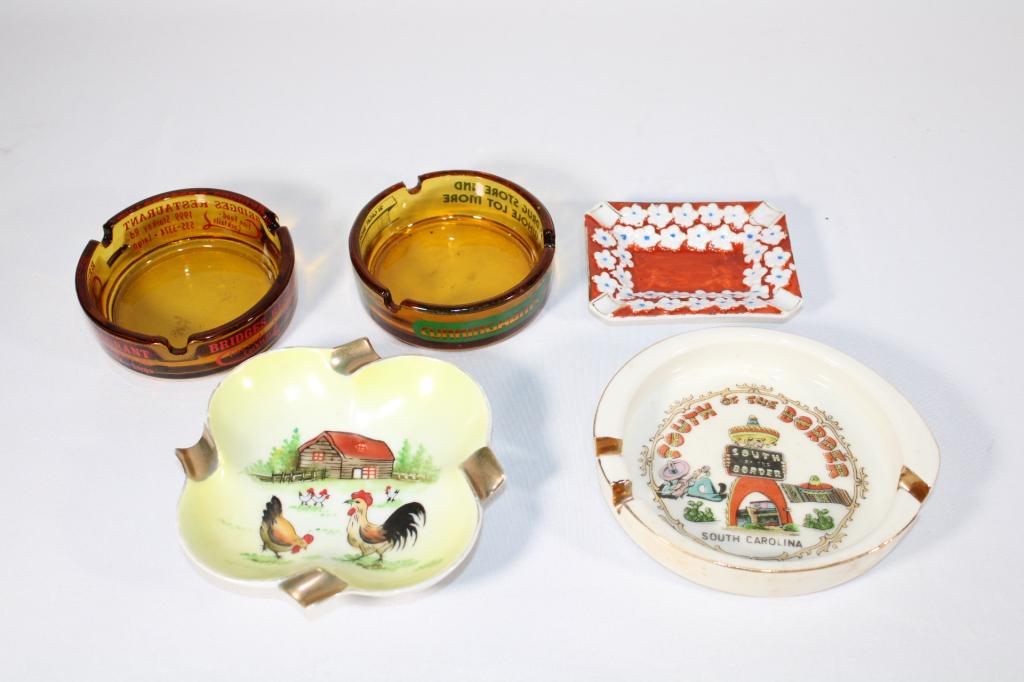Lot of 5 Vintage Travel / Advertising Ashtrays: Good overall as pictured.