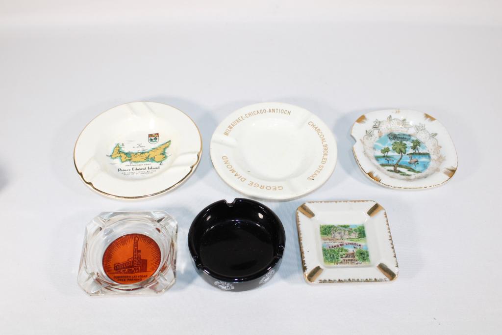 Lot of 6 Vintage Travel / Advertising Ashtrays: Good overall as pictured.