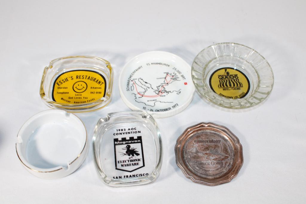 Lot of 6 Vintage Travel / Advertising Ashtrays: Good overall as pictured.