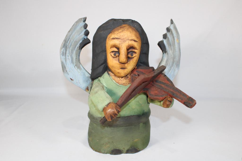 Polish Folk Art Carved Angel w/ Violin Statue (1 of 4)