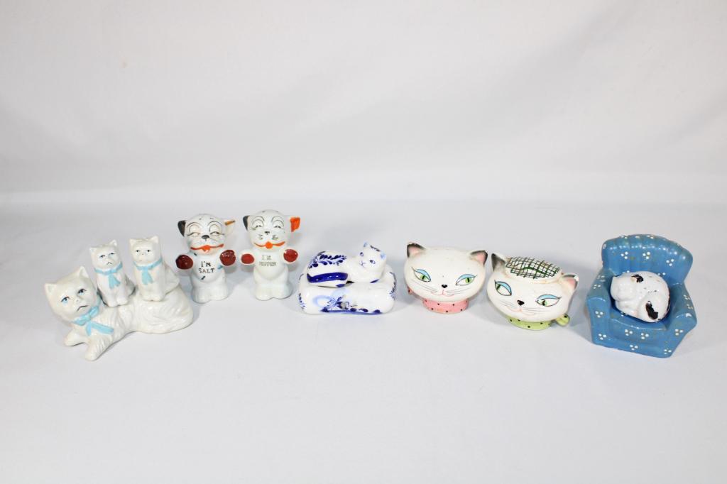 Lot of 5 Salt Pepper Sets and Cat Figurine: Overall good as pictured. Holt Howard cat head salt and pepper have chips and have also been repaired.