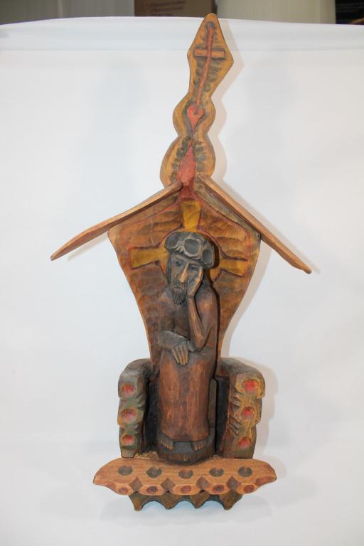Polish Folk Art Caved Wooden Pensive Jesus Statue: Overall good as pictured. Carved Tree mark on back side. Measures 25" tall.