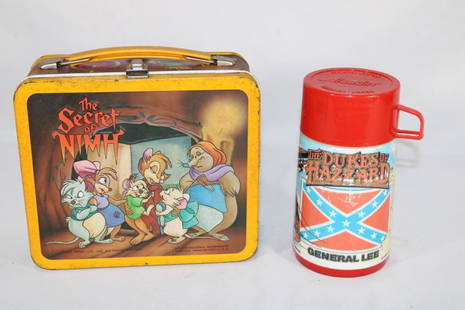 Vintage Secret of Nimh Lunchbox & Dukes of Hazard: Mismatched Thermos: 1980 Dukes of Hazard. Overall good as pictured.