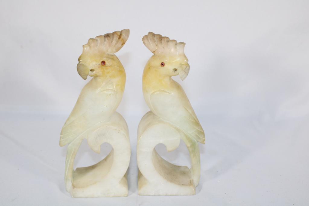 Set of Stone Parrot Bookends: Good overall as pictured. Both have some chips. Measures 8.5" tall.
