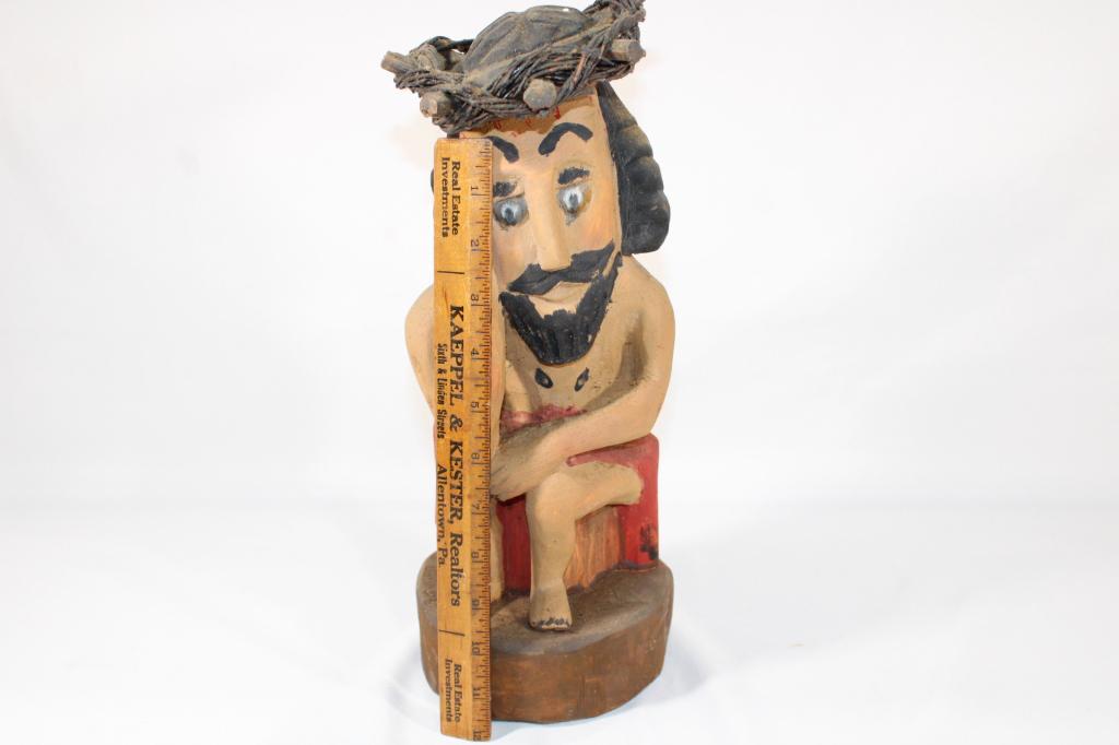 Vintage Polish Folk Art Wood Statue -Pensive Jesus: measures about 15 inches tall