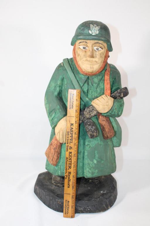 VTG Polish Folk Art Wood Statue - Signed - Soldier: signed Join Swoirolys Nowoi stupio; measures about 18 inches tall