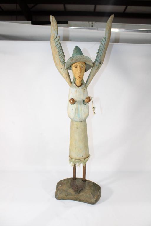 VTG Polish Folk Art Wood Statue - Angel: measures about 28 inches tall - marked with tree mark '94