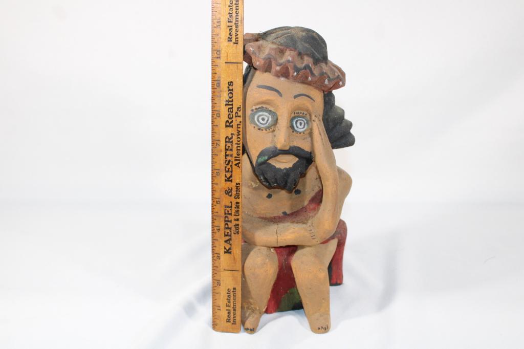 VTG Polish Folk Art Wood Statue Signed E. Zegodt?: Pensive Jesus - measures about 11 1/2 inches tall