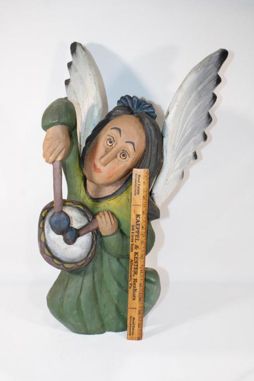 VTG Polish Folk Art Wood Statue Signed E. Zegadlo: Angel playing drum - measures about 20 inches tall; signed as pictured