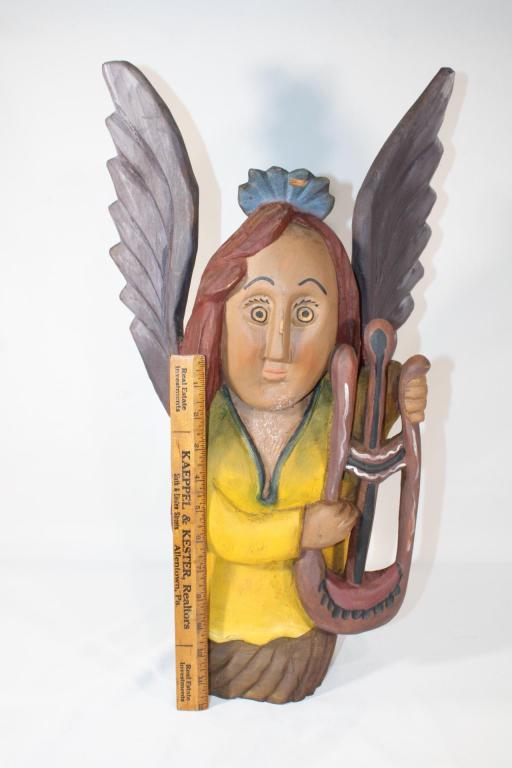 VTG Polish Folk Art Wood Statue Signed E. Zegadlo: Angel Playing Harp, measures about 21 inches tall; signed as pictured