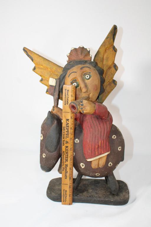 VTG Polish Folk Art Wood Statue Signed E. Zegadlo: Angel on Donkey going to Jerusalem, measures about 18 inches tall; signed as pictured