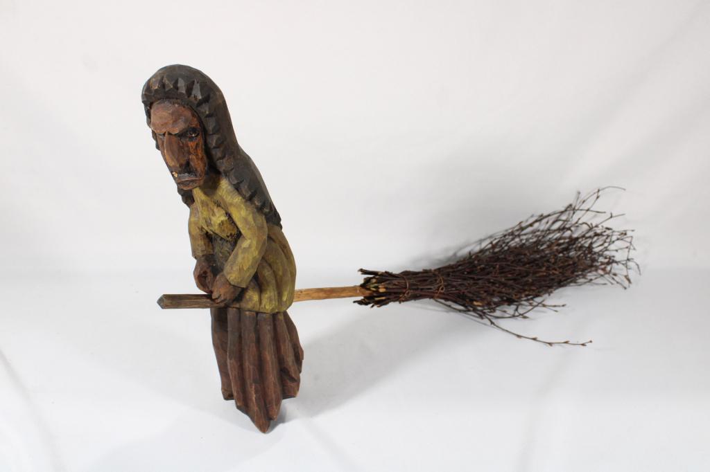 Vtg Polish Folk Art Wood Sculpture - Flying Witch: Measures about 12.75" tall and about 25" long. Missing pipe or something from mouth.