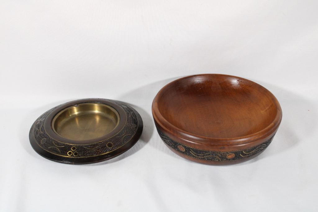 Polish Carved Bowl and Ashtray w/ Brass Inlay: Bowl measures about 7" diameter and ashray is 6.25" diameter. Original label attached to base of ashtray.