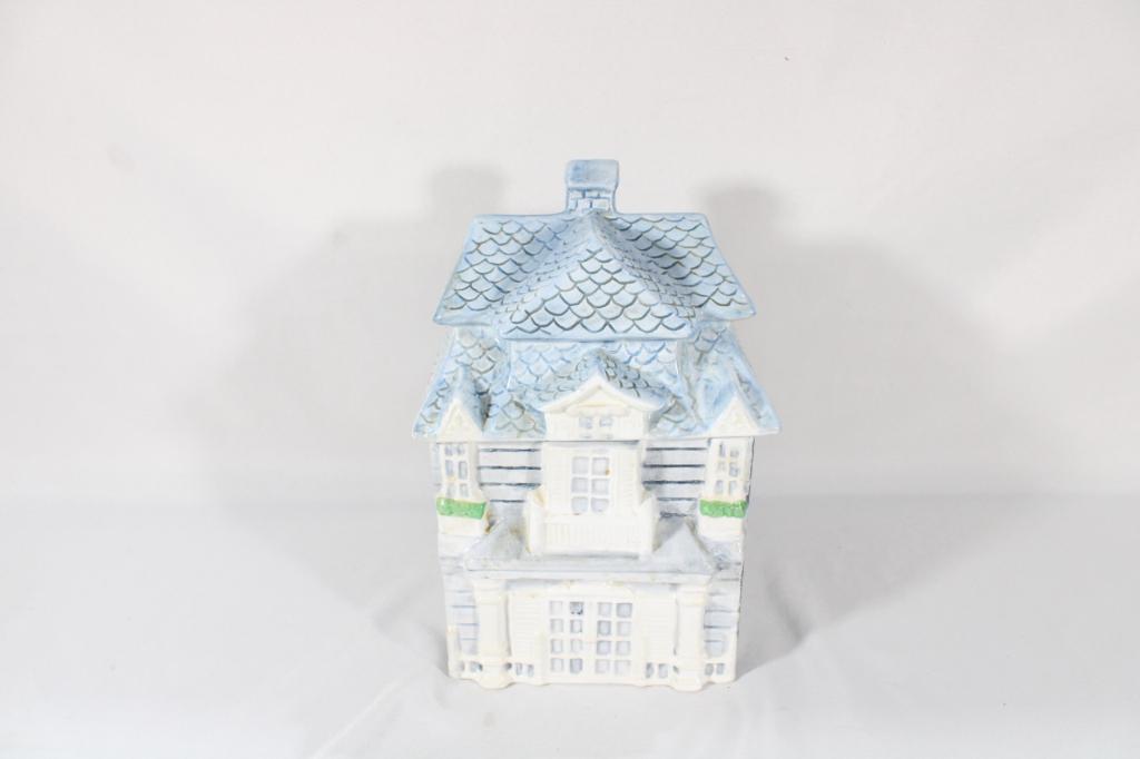 Ceramic Blue Two Story House Cookie Jar (1 of 9)